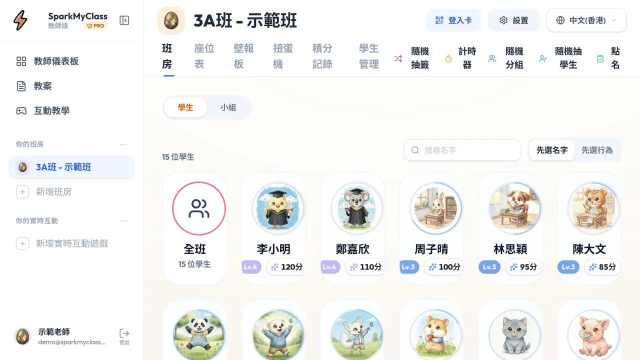 SparkMyClass 示範班的學生積分、寵物等級與課堂工具實際介面